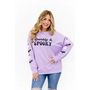 Sparkly Spooky Sequin Embellished Sweatshirt Eye-Catching Cozy Tights-Friendly Halloween Party Top Casual Outings Womens Fashion Black Cotton Girly Graphic Hoodie Jersey Knit
