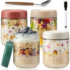 Overnight Oats Containers with Lids, Mason Jars 16oz with Lids - Set Of 4, Practical Oatmeal Container to Go, Chia Seed Pudding Jars, with Spoon and Marker Kitchen Utensils Canister Tin