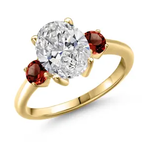 Gem Stone King 2.74 cttw IGI Certified Lab Grown Diamond and Red Garnet 3-Stone Engagement Ring For Women | 18K Yellow Gold Plated Silver | Center 2.00 Ct Diamond | D-E Color | VS1-VS2 Clarity