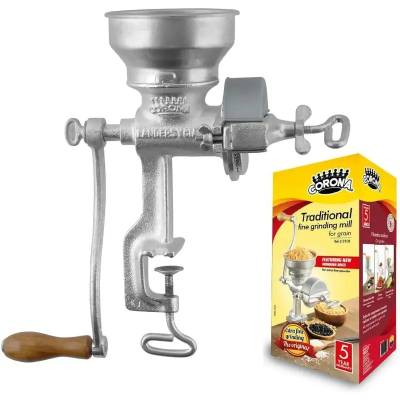 Corona Traditional Manual Hand-Crank Heavy-Duty Cast Iron Mill - Compact Specialty Kitchen Appliance, Low Hopper for Easy Loading, Adjustable Grinding Plates, for Grinding Dry Corn, Wheat, Grains, Emergency Preparedness, Outdoor Use