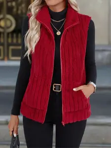 Women's Zipper Plush Vest in Wine, Perfect for Autumn Winter, Cozy Texture for Both Inner & Outer Wear