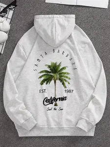 Men's Coastal Palm Statement Hooded Sweatshirt - Long Sleeve, Baggy Oversize Casual Tops, Bold Green Tree, Santa Barbara Wrapping Text, Vintage Year Details
