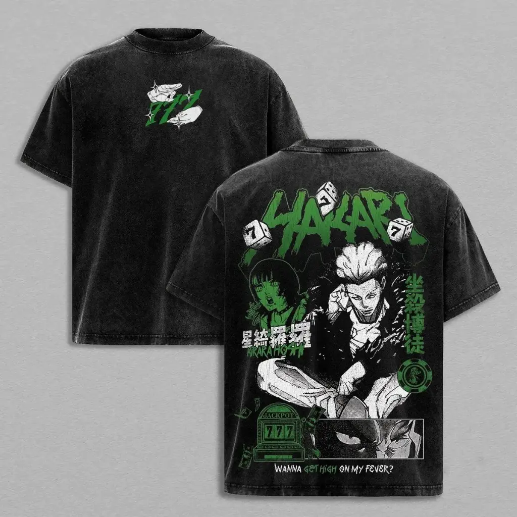 Men's Jujutsu Kaisen Aesthetic Ribbed Tshirt, Hakari Kinji Graphic, Vintage Washed Oversized Heavyweight 230g Soft Cotton Round Neck Fashion Anime Streetwear with 7-day hassle-free return policy