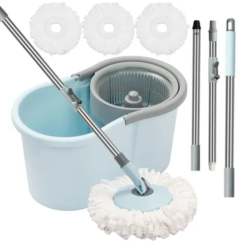 360-Spin Mop and Bucket Set, Household Items Apartment Stuff with Wringer, 50" Extended Handle, 3 Microfiber Mop Heads, Deep Cleaning House Supplies for Home Window & Wall Use