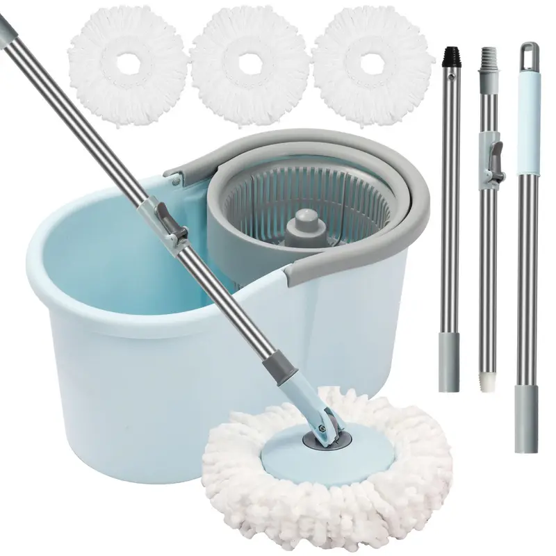 360-Spin Mop and Bucket Set, Household Items Apartment Stuff with Wringer, 50" Extended Handle, 3 Microfiber Mop Heads, Deep Cleaning House Supplies for Home Window & Wall Use
