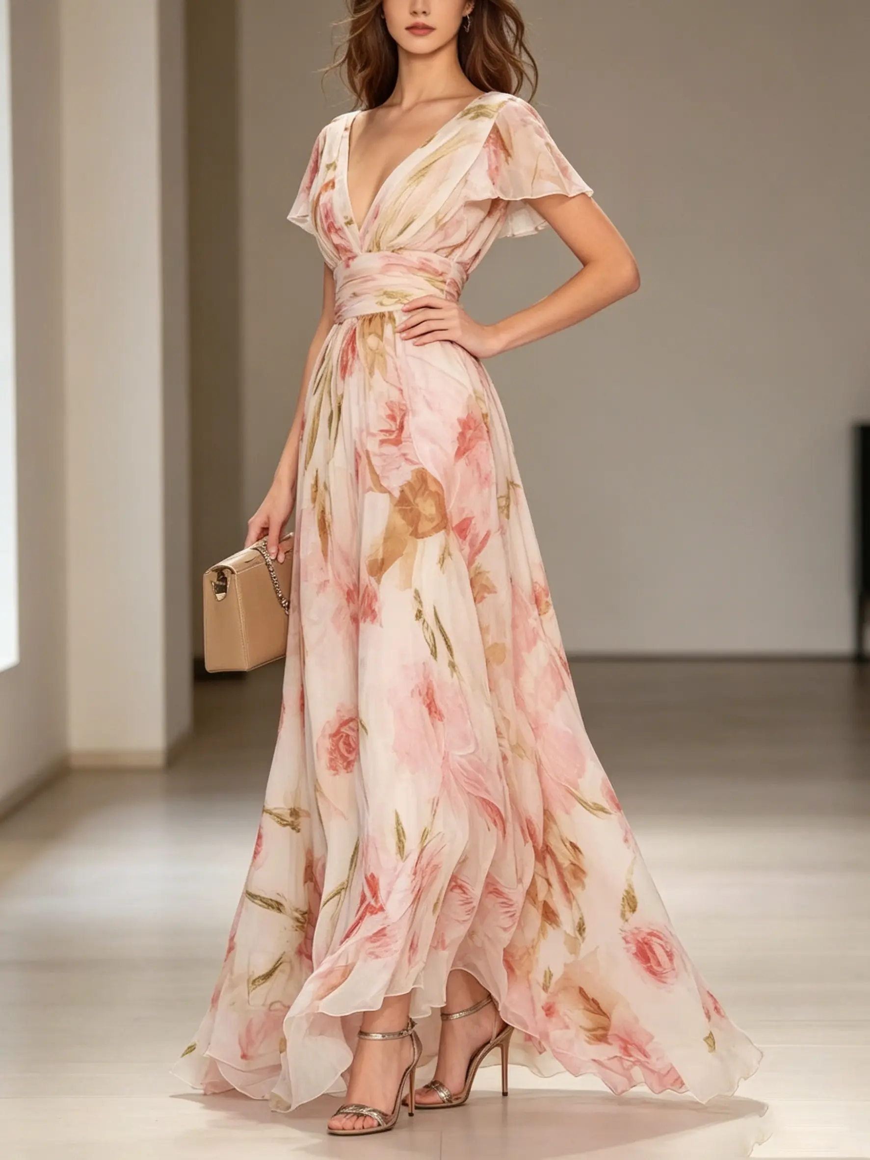 Womens French Floral Maxi Dress Deep V-Neck Flutter Sleeve Romantic Evening Gown Polyester 2026 Summer Vacation Resort Wear High Waisted Flowy A-Line Skirt Elegant Wedding Guest Outfit Gentle Aesthetic Effortless Formal Apparel