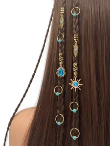 Boho Style Turquoise Hair Jewelry Set, 10pcs Alloy Accessory for Braids & Dreadlocks, Adjustable Hair Rings & Cuffs for Men & Women