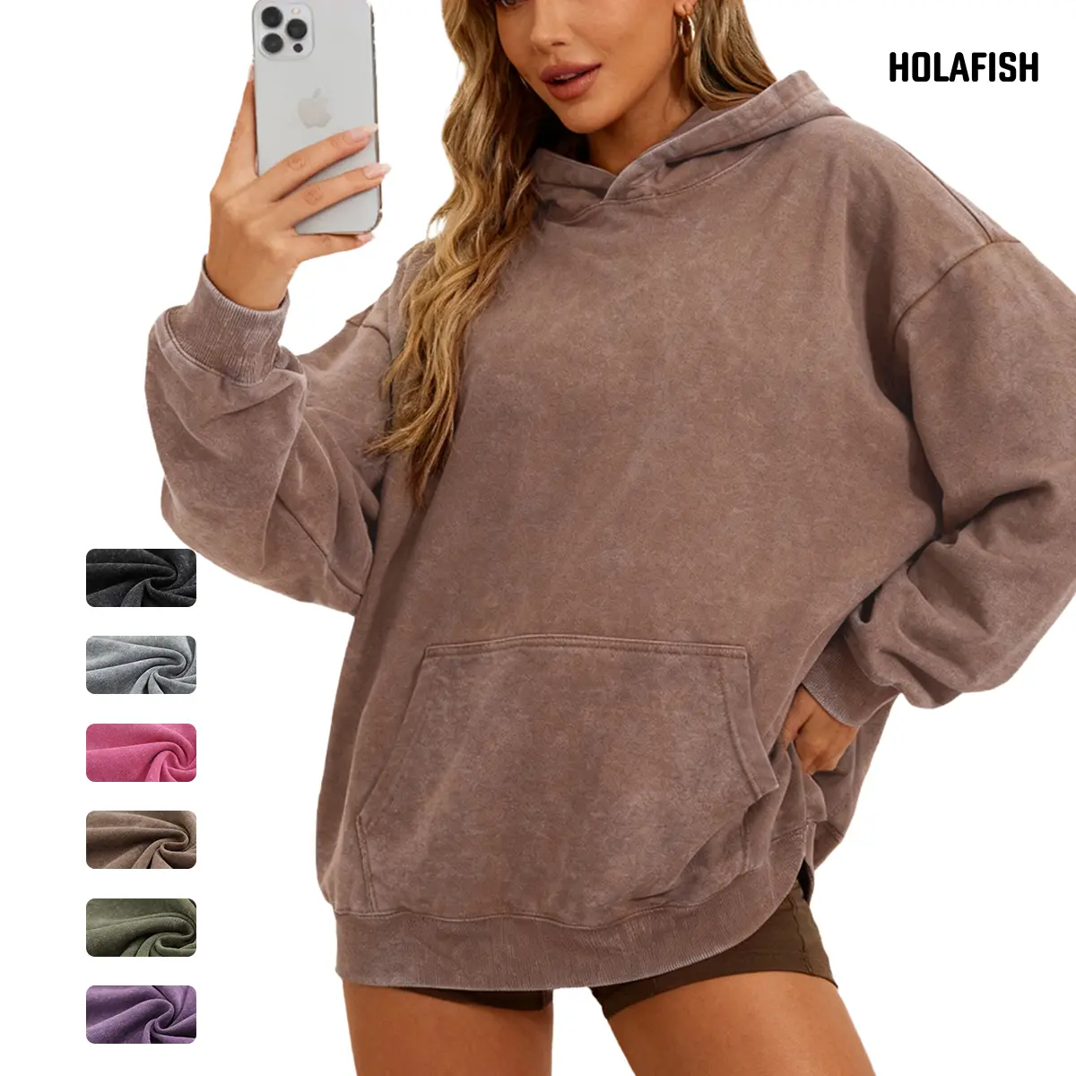 Holafish Women's Acid Wash Oversized Hoodie - Minimalist Street Style, Baggy Fit, Kangaroo Pocket, Retro Vintage Pullover for Fall Winter Fashion Tops