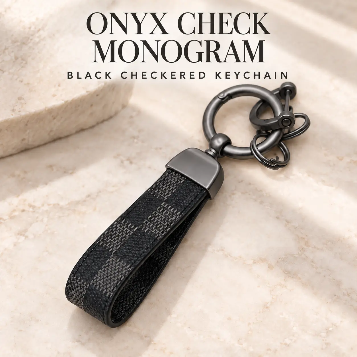 Check Monogram Black Checkered Keychain with Metal Ring and Textile Strap