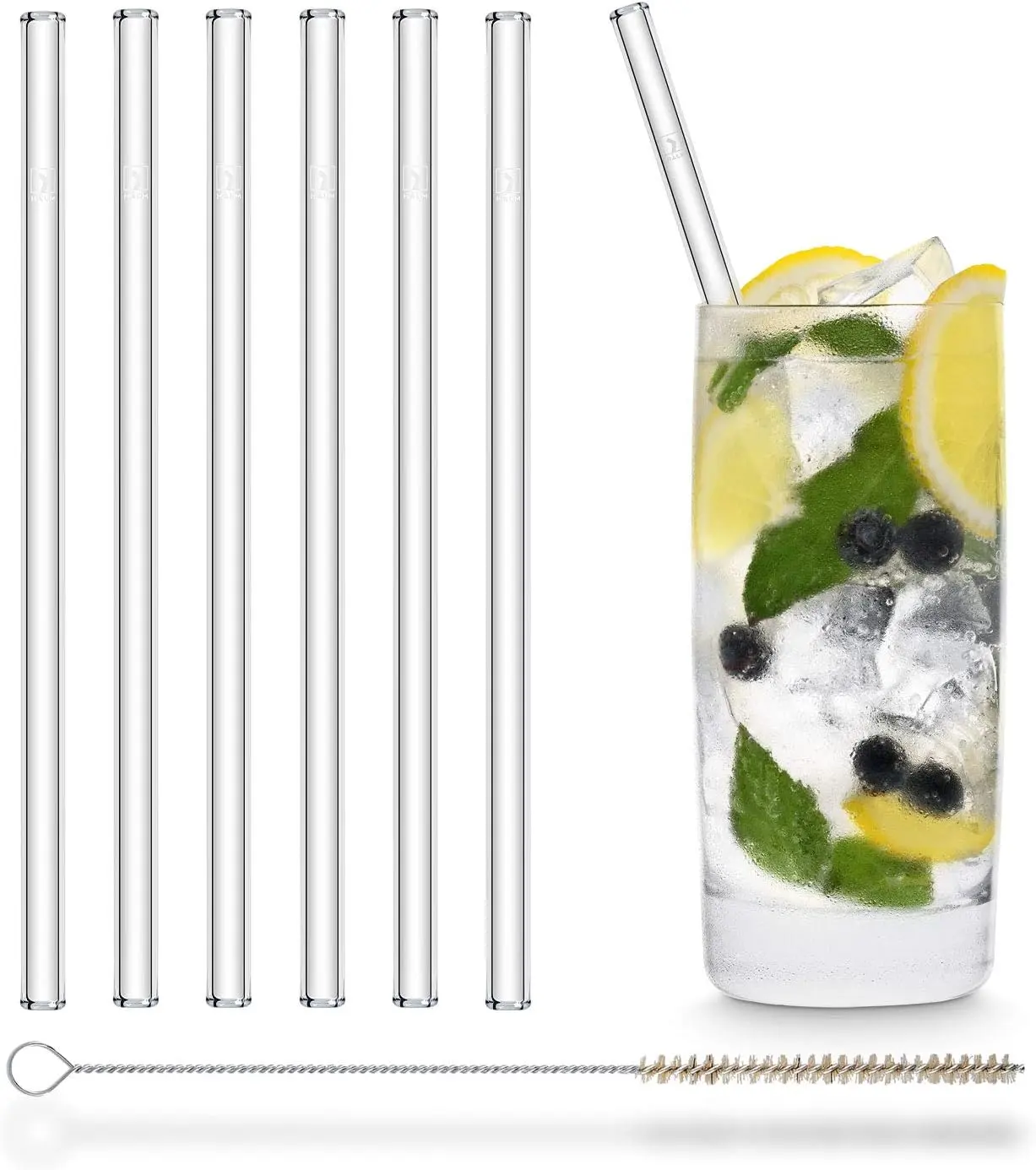 Clear Reusable Glass Straws Set – 6 Durable 8” Straight Drinking Straws for Smoothies, Boba & Cocktails with Brush HALM