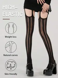 Vertical Stripe Hollow Out Halter Stocking, High Elasticity Anti-Pull Sexy Slimming Knee-High Socks, Fashionable All-Seasons Wear