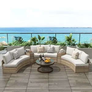 【Ships in 4 Boxes】AMERLIFE Outdoor Patio Conversation Set, Modern Half-Moon Design Sectional Round Patio Furniture Set with Large Storage Wedge Table Wicker Sofa Set- Ships in 2 Boxes