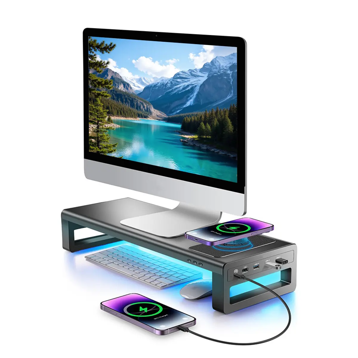 RGB Monitor Stand Riser with Wireless Charging Station, 15W Fast Charger Desktop Organizer with USB 3.0 & USB-C Hub, LED Gaming Desk Shelf for PC iMac Laptop Tablet Smartphone Office Home Setup, Led Lighting, 15W Charger