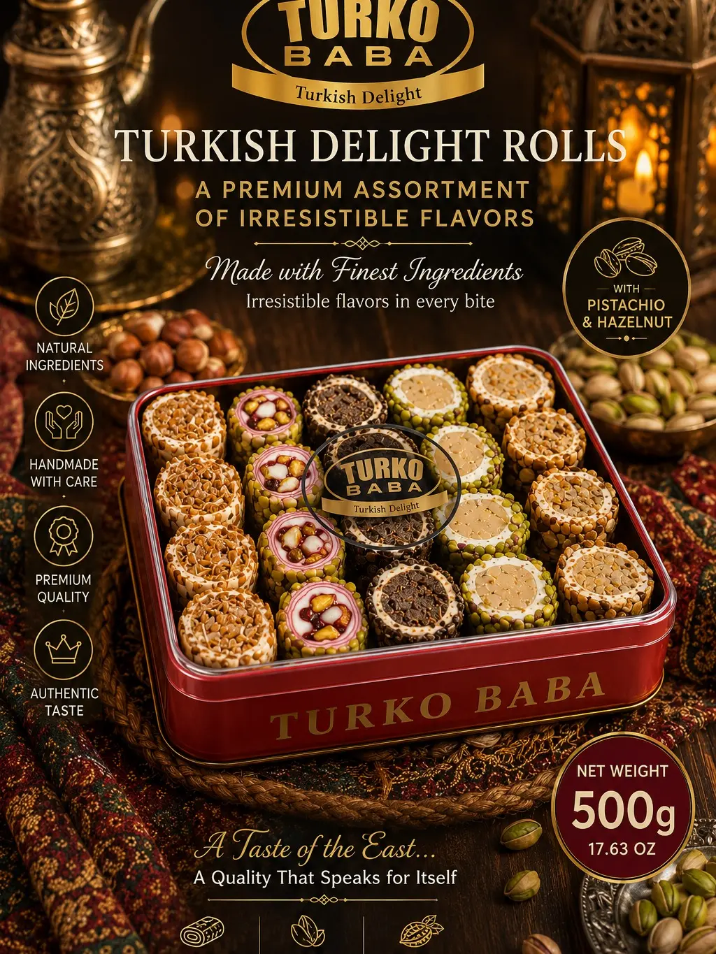 Turko BABA Luxury Turkish Delight Rolls Gift Tin – 500g