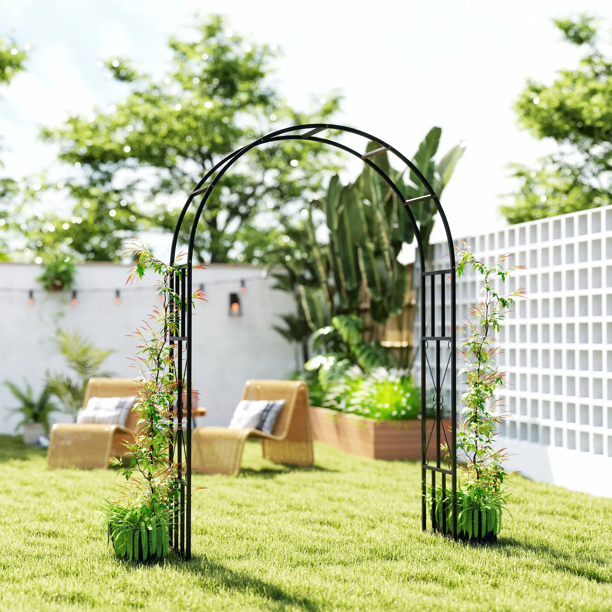 7.3ft Black Steel Garden Arch Trellis, Arbor for Climbing Plants (Roses, Wisteria Vines), Outdoor Wedding Arch Stand for Lawn, Backyard