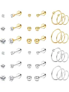 12Pairs Surgical Steel Tiny Stud Earrings for Women Hypoallergenic Flat Back Cartilage Earrings Cubic Zirconia Tiny Ball Earrings Hoops Conch Helix Cartilage Piercing Jewelry