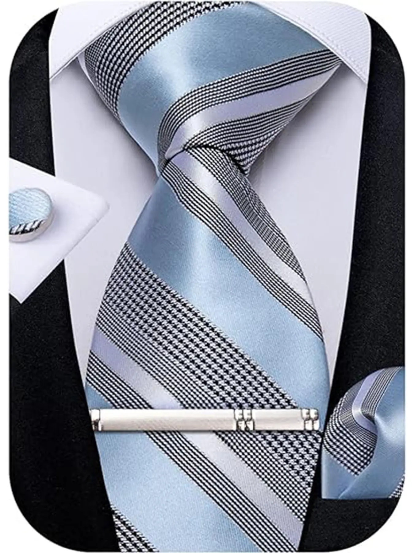 Light Blue Striped Men's Tie Set, Classic Braided Necktie, Plaid Print Tie, Handkerchief, Cufflinks, Tie Clip, Formal Business Tie, Elegant Style