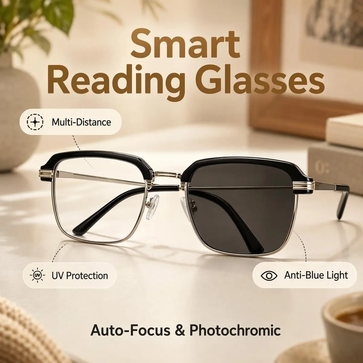 Smart Auto Focus Transition Reading Glasses Blue Light Blocking UV400 Protection. Progressive Multifocal Photochromic Readers for Men Women. Clear Vision No Line Smooth Lens Anti Glare Computer Screen Eyeglasses. Useful Practical Birthday Gifts for Dad