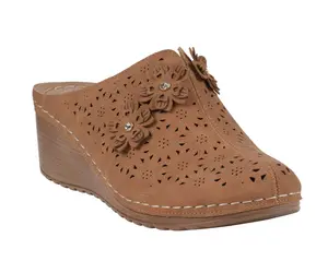 GC Shoes Krista Brown Flat Women's Round Toe Wedge Mule with Floral Appliques Slip On Comfortable Cushioned Design for Summer