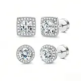 Women's Luxury 4-Pack Artificial Zircon Stud Earring Stacking Set - Gold/Silver, Round & Square, Hypoallergenic Copper Base, Comfortable Silicone Backs, Easy Wear, Casual Everyday Sparkle, Premium Birthday Gift with Complimentary Box,sohochic
