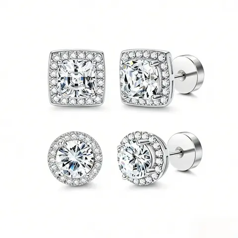 Women's Luxury 4-Pack Artificial Zircon Stud Earring Stacking Set - Gold/Silver, Round & Square, Hypoallergenic Copper Base, Comfortable Silicone Backs, Easy Wear, Casual Everyday Sparkle, Premium Birthday Gift with Complimentary Box,sohochic
