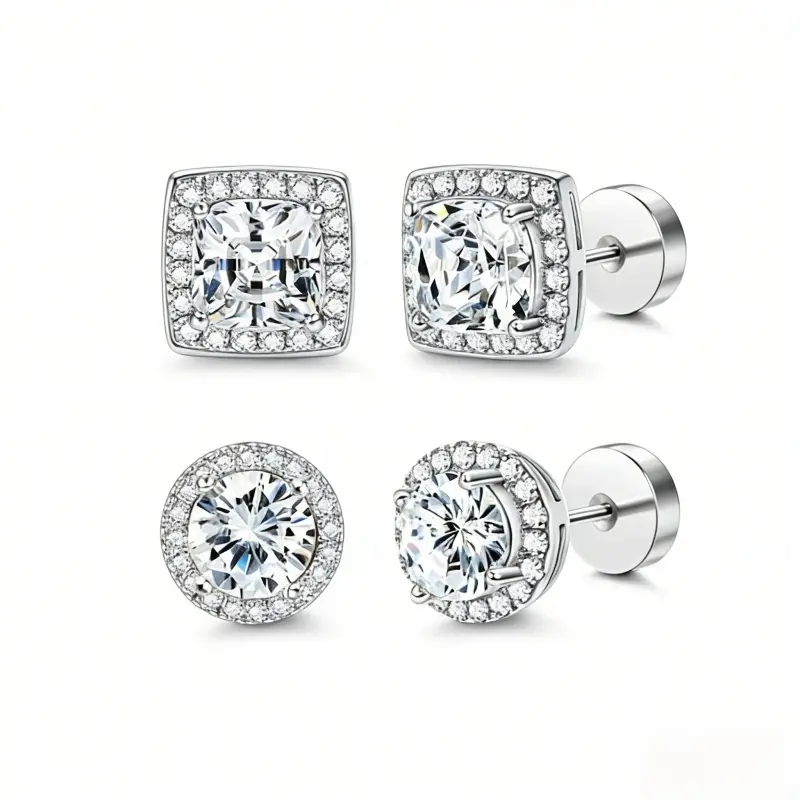 Women's Luxury 4-Piece Halo Zircon Stud Earring Set — Available in Gold/Silver Two-Tone and Round/Square Styles; Hypoallergenic Material — A Gift for Her; Includes Ear Backs and an Exquisite Jewelry Box — The Perfect Gift for Her.,summerwins,summeroutfits