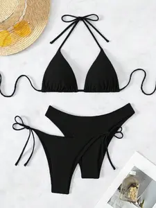 Classic Black Halter Triangle Bikini | Minimalist & Timeless Aesthetic | Tie-Side & High-Cut Fit | Versatile Beach/Pool Wear | Perfect for All Occasions