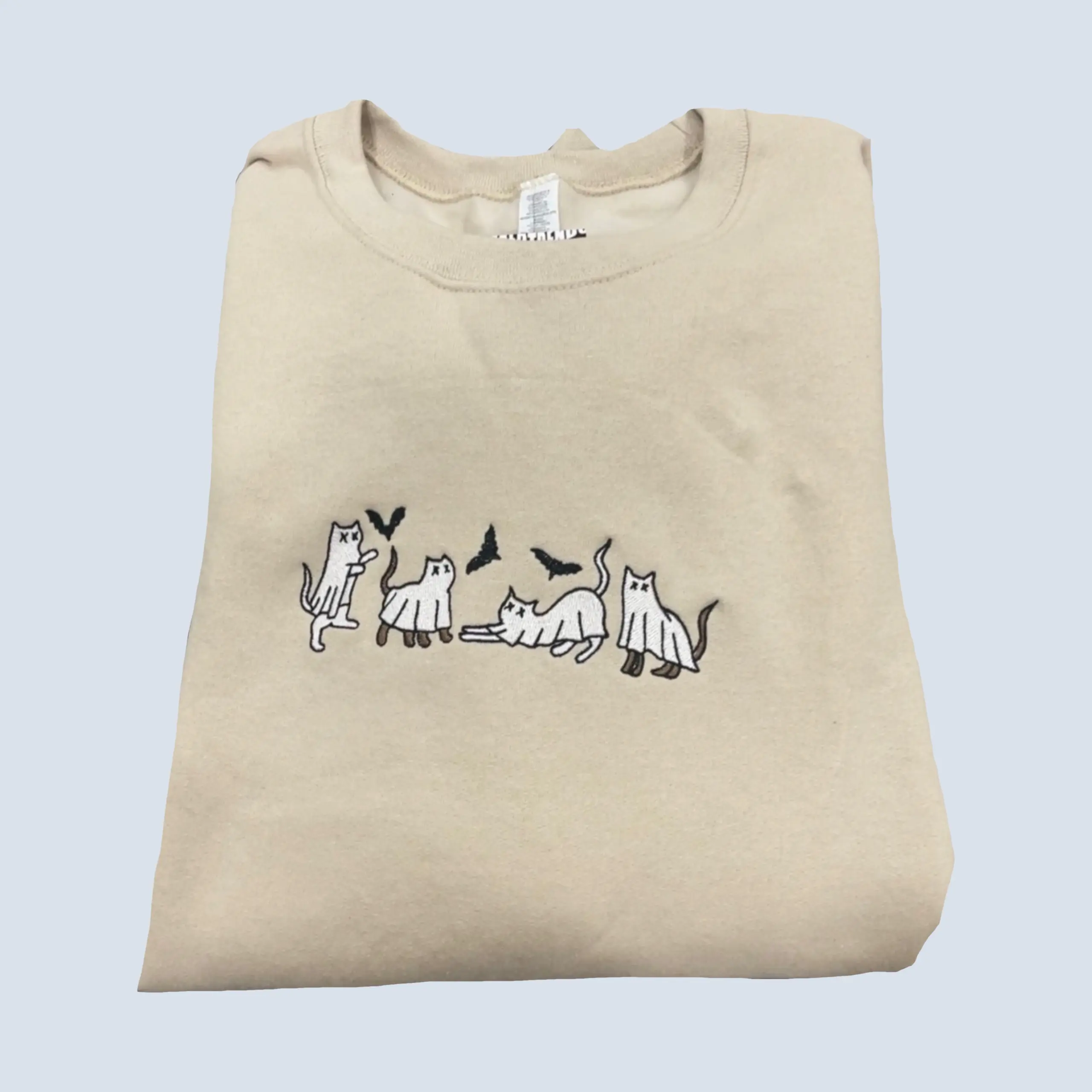 White and Brown Ghost Cats Playing with Bats Embroidered Spooky Sweatshirt Hoodie Top Soft Cozy Customizable For Men and Women Vintage Holiday Festive Horror Ghost Pumpkin Black Cart Costume Ideas