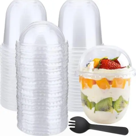 Reusable Clear Transparent Plastic Cups Set with Lids and Spoons, 30-Pack 12 oz Disposable Dessert Cups, Party Supplies, Reusable Cups for Gatherings, Suitable for Weddings, Thanksgiving, Halloween, Christmas Parties and Events