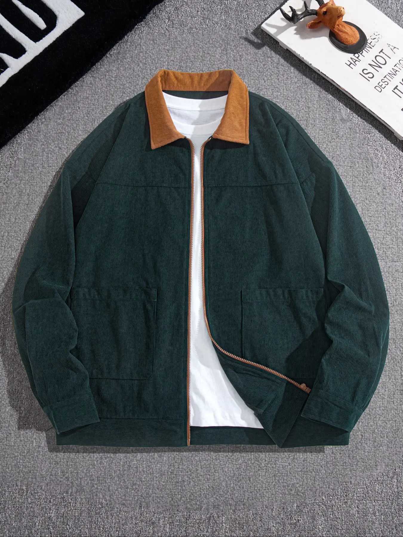Men's Fashion Vintage Corduroy Long Sleeve Jacket, Casual Loose Fit Colorblock Collar Design, Perfect for Outdoor Leisure & Trendy