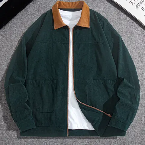 Men's Fashion Vintage Corduroy Long Sleeve Jacket, Casual Loose Fit Colorblock Collar Design, Perfect for Outdoor Leisure & Trendy