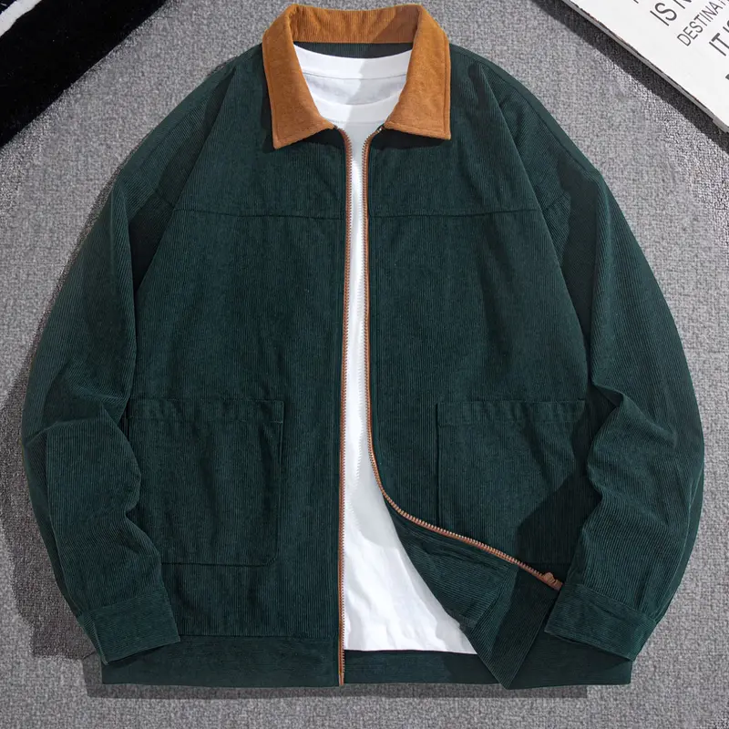 Men's Fashion Vintage Corduroy Long Sleeve Jacket, Casual Loose Fit Colorblock Collar Design, Perfect for Outdoor Leisure & Trendy