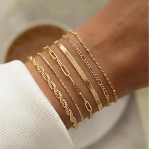 6Pcs/set Dainty 14K Gold Plated Bracelets, Trendy Layered Cuban Link Paperclip Thin Chain Bracelet, Fashion Stackable Delicate Jewelry, Perfect Gifts for Women