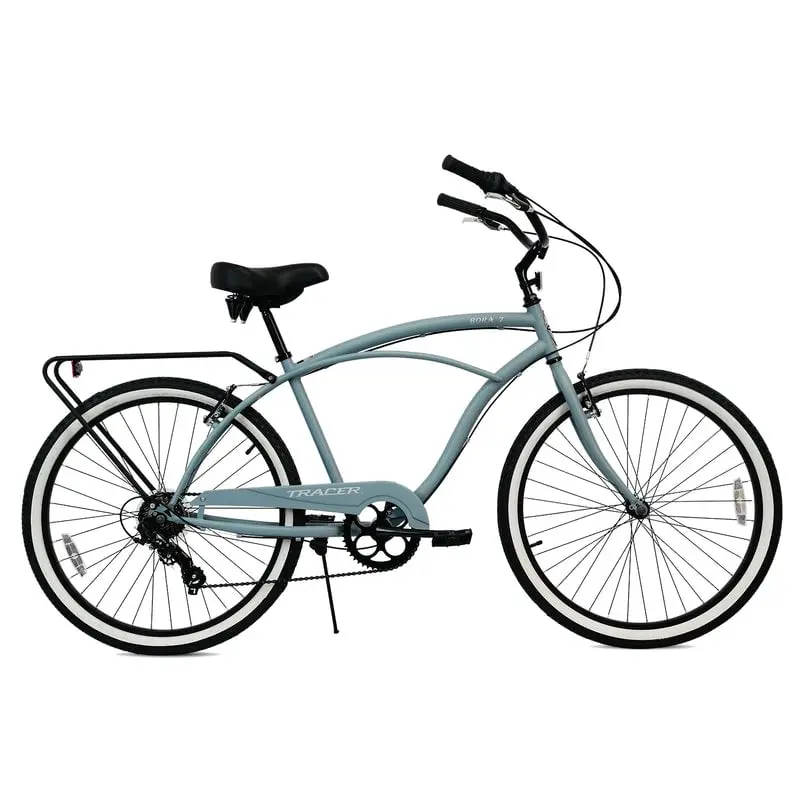 Tracer Bora 26-Inch Men's Beach Cruiser Bike, 7-Speed City Bike with Rear Rack, Wide Saddle, Stainless Steel Spokes, and White Wall Tires - Matte Grey, Spoke Alloy Wheels Cruiser Bikes