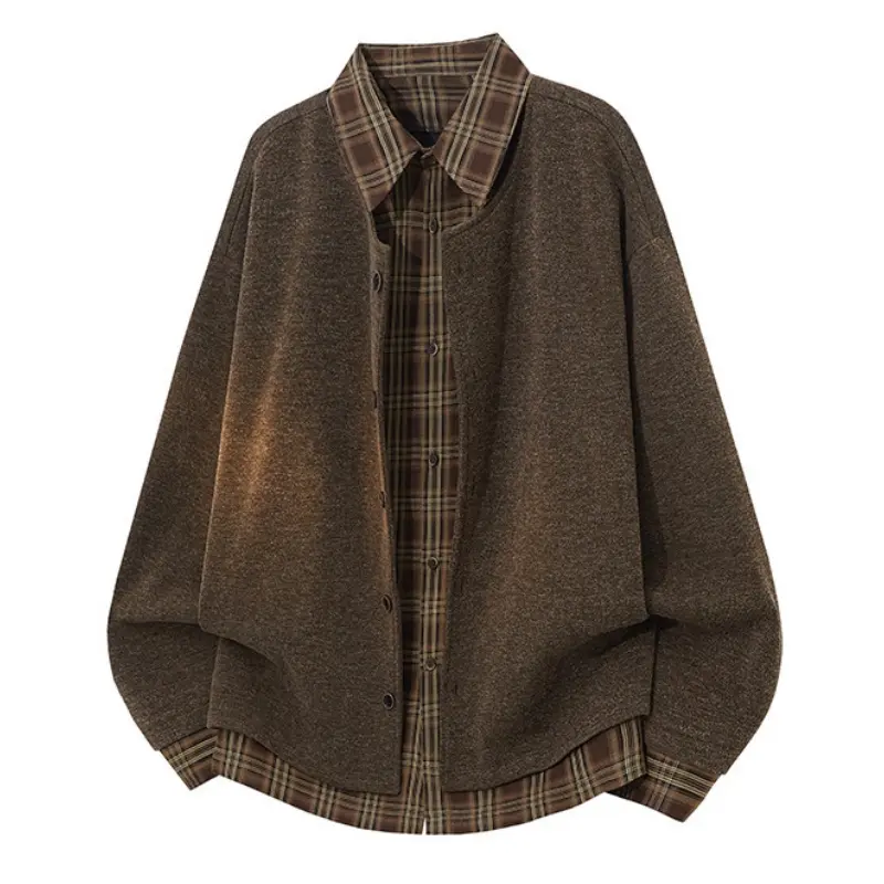 Spring New Plaid Spliced Fake Two-Piece Lapel Jacket, Oversized Lazy Style Long Sleeve Coat for Men, Soft Comfortable Unisex Couple Outerwear, Versatile for Daily Casual Outfits