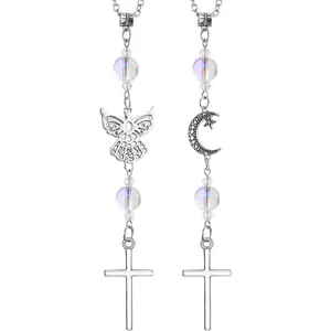 2 Pack Rear View Mirror Accessories Cross Guardian Angel  Charm,Christian   Accessories,Hanging Ornaments for Rear View Mirror,Religious Gifts for Women(Iridescent White)