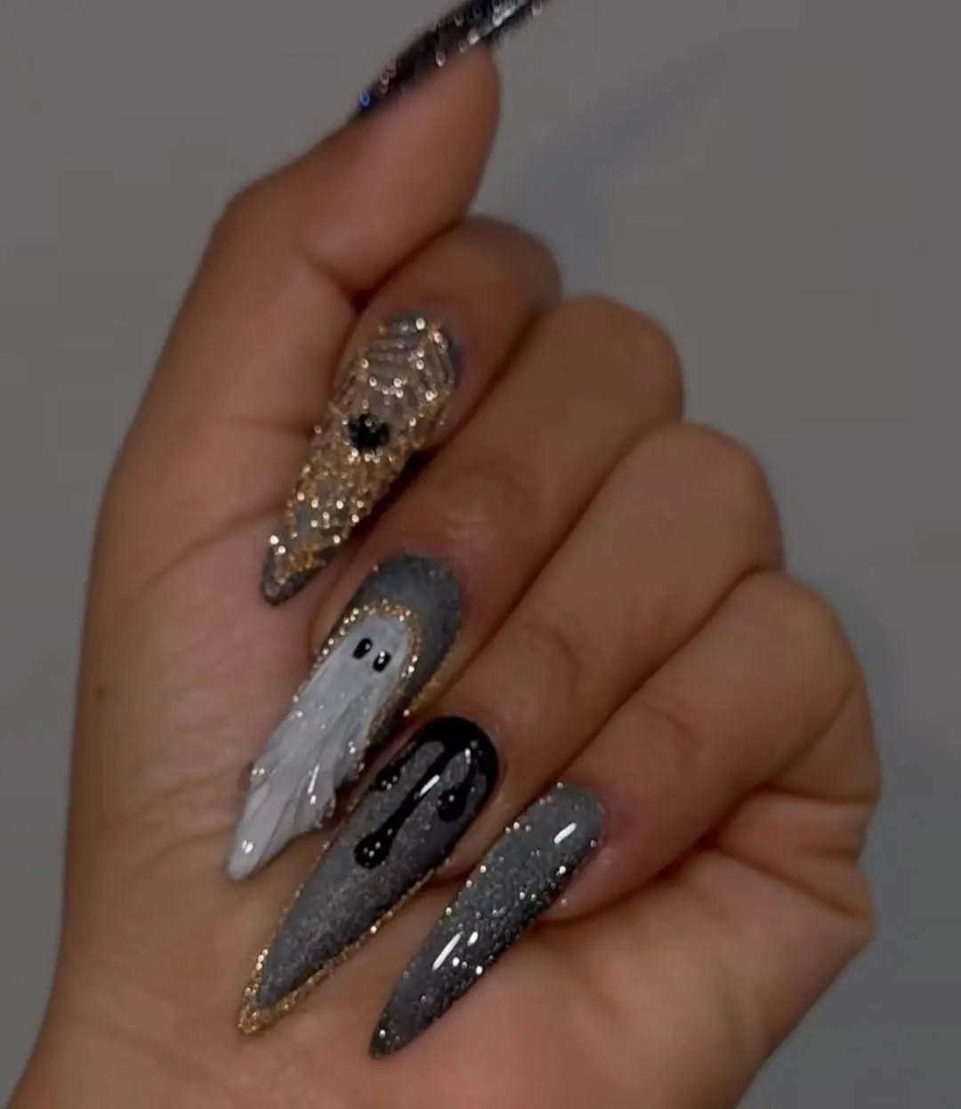 Luxury Stiletto Press-On Nails Set, 3D Halloween Ghost Design, Spooky Dark Grey Glitter, Black Drip Glossy False Nails