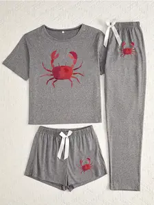Women's Cartoon Crab Print Sleepwear Set, Loose-Fitting Casual Pajamas, Three-Piece Nightwear for All Seasons, Comfortable Home Wear, Loungewear