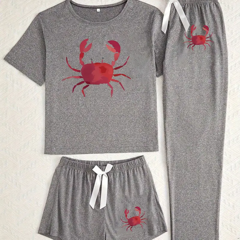 Women's Cartoon Crab Print Sleepwear Set, Loose-Fitting Casual Pajamas, Loungewear Pjs, Three-Piece Nightwear for All Seasons, Fall Pajama Sets, Comfortable Home Wear, Loungewear, Womenswear, Homewear, Style