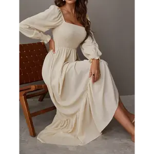 SHEIN Raffinéa Square Neck Shirred Ruffle Hem Dress Maxi Women Outfit