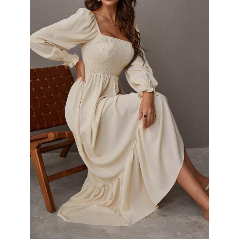 SHEIN Raffinéa Square Neck Shirred Ruffle Hem Dress Maxi Women Outfit