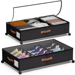Under Bed Storage with Wheels - Rolling Underbed Containers with PVC Clear Lid & Dividers, 600D Oxford Fabric, PU Leather Handles, Adjustable Magic Tape Partition, XXL 66L (2, Black)