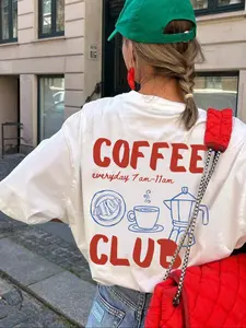Women's Casual Loose-Fit Round Neck T-Shirt, Coffee Machine Cartoon Print, Thin Fabric, Summer Wear, Fashionable Daily & Outdoor Use, Casual Breathable Top