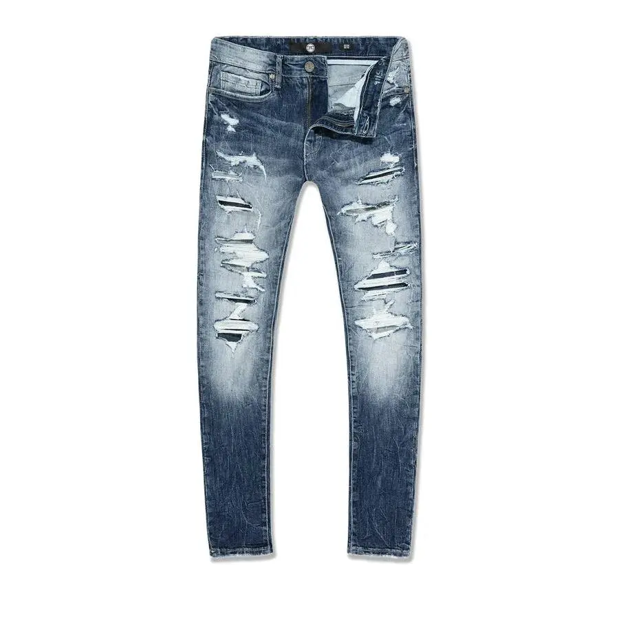 Men's Sean Slim Taper Trousers, Ripped Vintage Aesthetic Menswear in Aged Wash Stretch Cotton with Repair Detailing, Ankle Length, Stretch Fabric, Pants, Streetwear