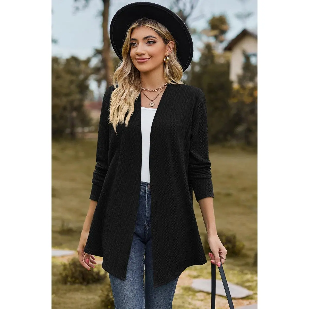 Textured Open Front Long Sleeve Cardigan