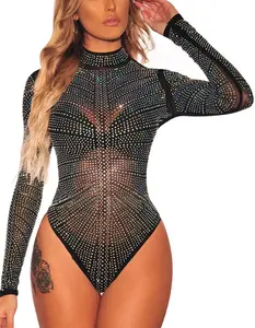 Plus Size Sheer Mesh Rhinestone Leotard Long Sleeve Bodysuit - Women's Tops