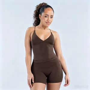 Boutique Seamless Activewear Set | Sculpting Twist-Front Longline Sports Bra & High-Waisted 4.5" Gym Shorts 2-Piece Matching Lounge Set