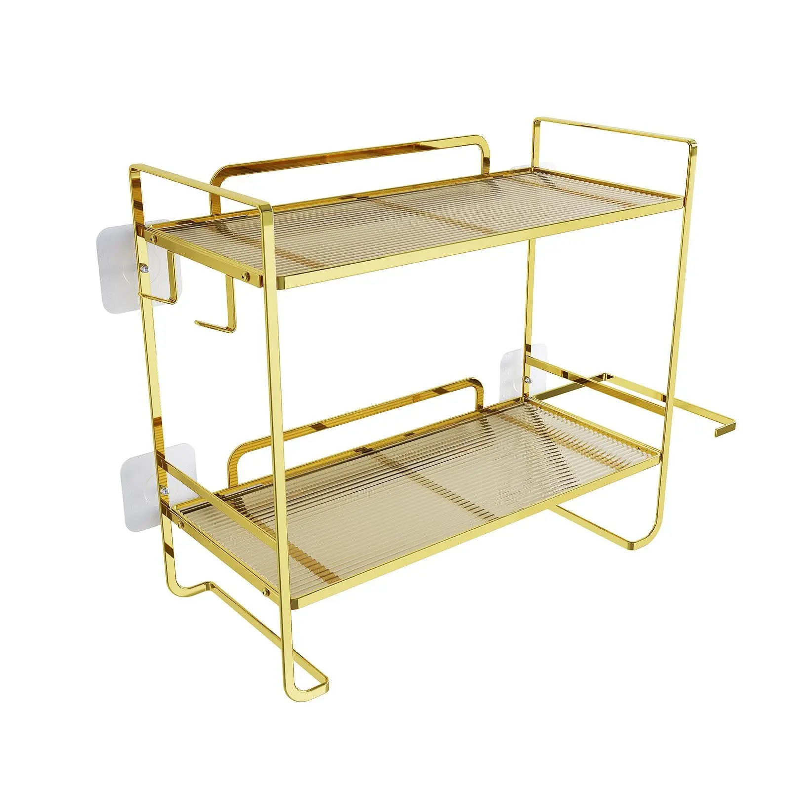2 Tier Over Toilet Shelf Wall Mounted Bathroom Organizer Over The Toilet Storage Rack with Toilet Paper Holder 2 Hooks Drill Free Adhesive Small Space Saver Metal Shower Caddy Basket for Apartment Dorm Home Gold Black