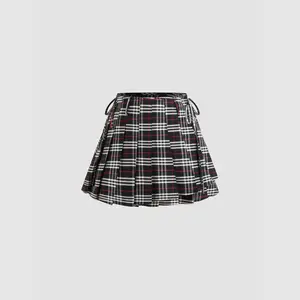 Cider Mid Rise Plaid Knotted Pleated Mini Skirt