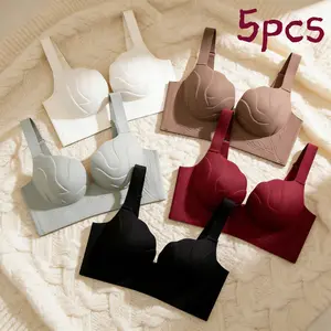 Women's 5-Pack Wirefree Seamless Bras, Comfort Full Coverage Wireless Bra, No Underwire, Soft Breathable Wide Straps, Plus Size Everyday Bra, Gentle Push Up & Lift, High Support Non-Roll Edge, Smooth Invisible Underwear for All Day Daily Wear